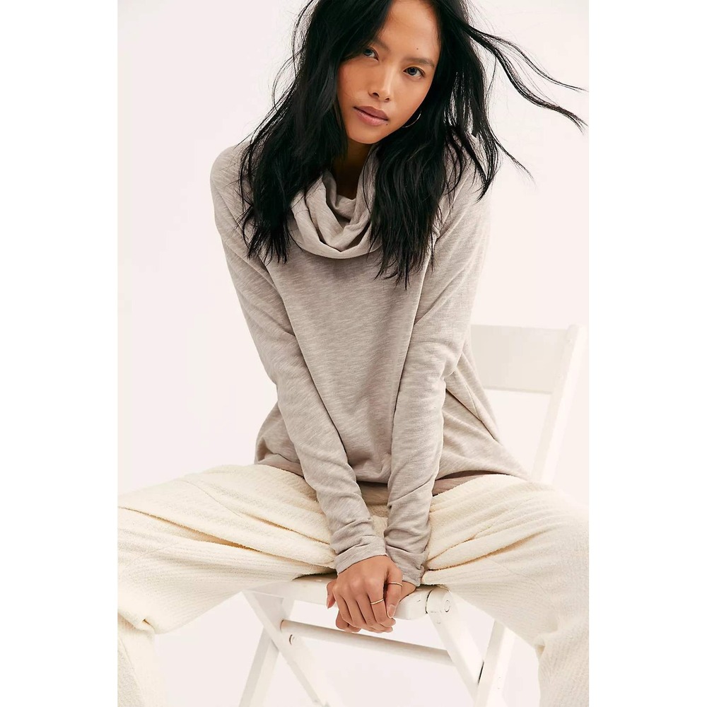 Free People Beach Womens Cowl Neck Pullover Top Oatmeal Heather Cotton OS